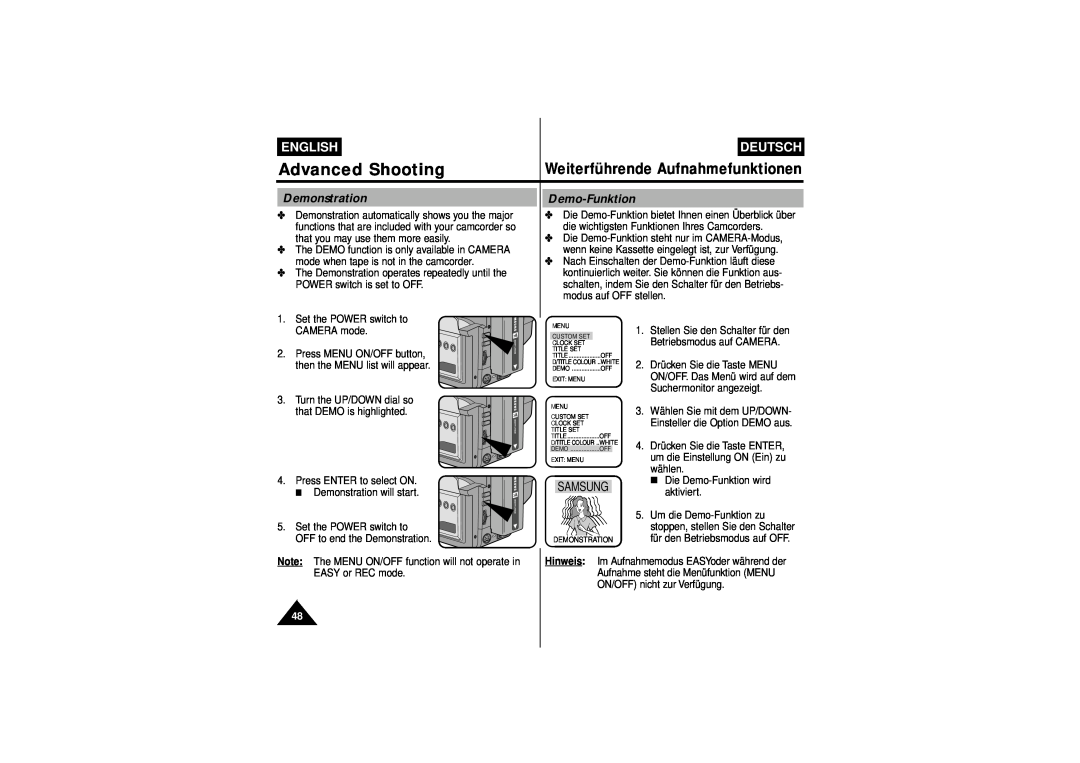 Samsung W70U, W75D Demonstration, Demo-Funktion, Advanced Shooting, Weiterführende Aufnahmefunktionen, English, Deutsch 
