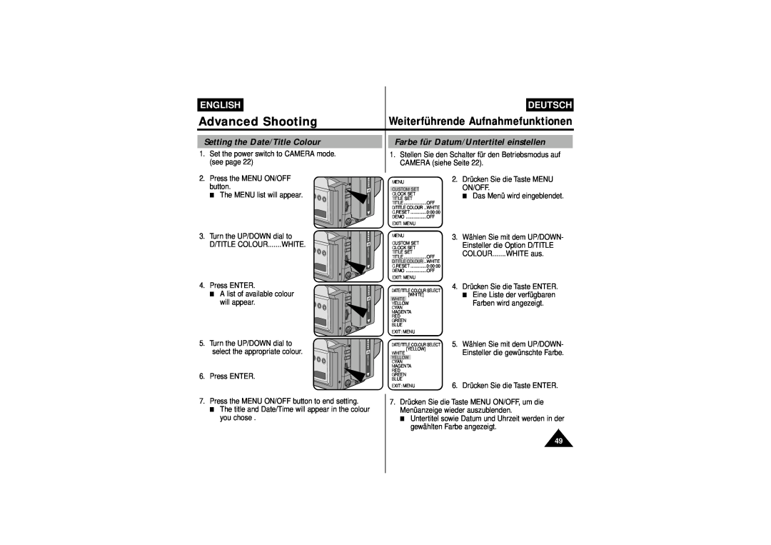 Samsung VP-W70 Setting the Date/Title Colour, Farbe für Datum/Untertitel einstellen, Advanced Shooting, English, Deutsch 