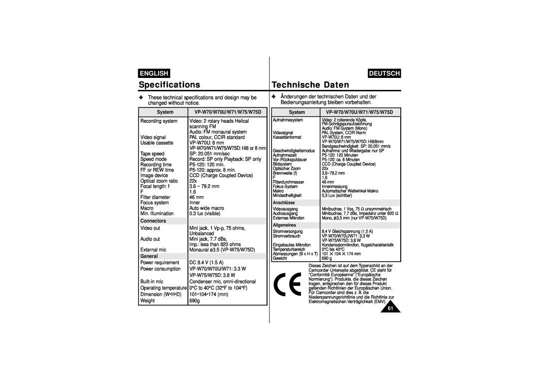 Samsung manual Specifications, Technische Daten, English, Deutsch, System, VP-W70/W70U/W71/W75/W75D, Connectors, General 