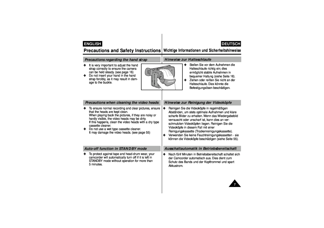 Samsung W75 Precautions regarding the hand strap, Hinweise zur Halteschlaufe, Precautions when cleaning the video heads 