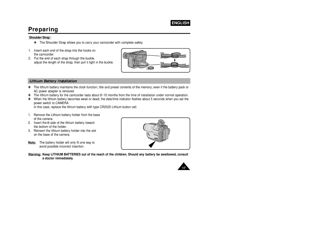 Samsung W87D, VP-W80U manual Lithium Battery Installation, Shoulder Strap 