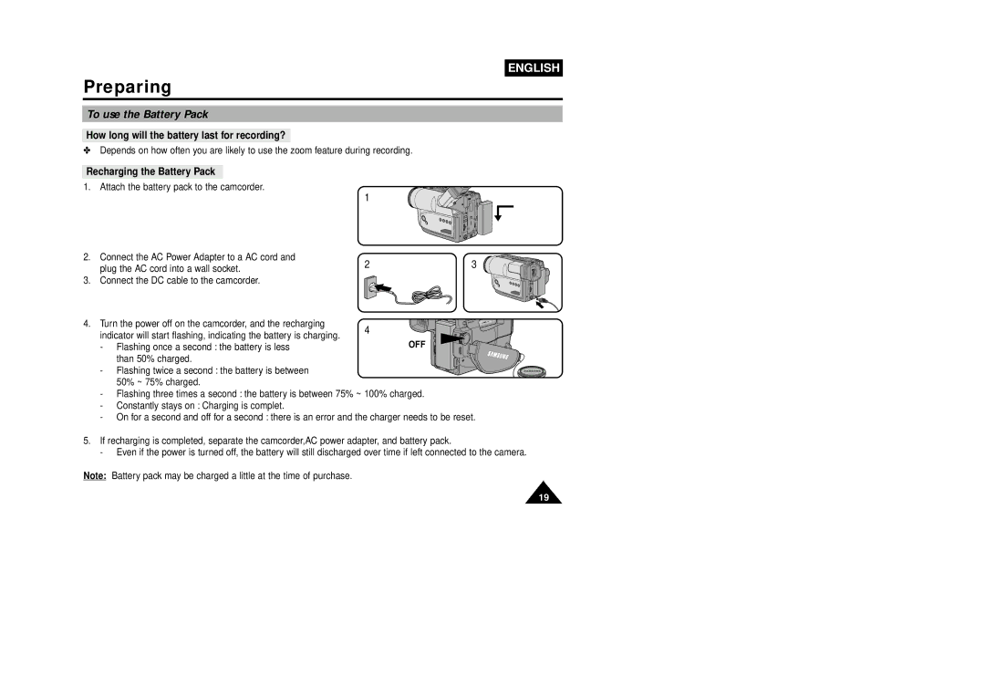 Samsung VP-W80U To use the Battery Pack, How long will the battery last for recording?, Recharging the Battery Pack, Off 