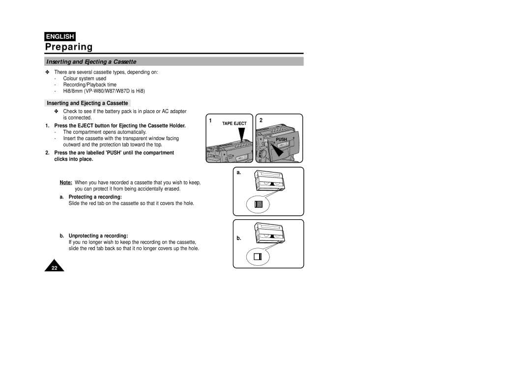 Samsung W87D, VP-W80U manual Inserting and Ejecting a Cassette, Press the Eject button for Ejecting the Cassette Holder 