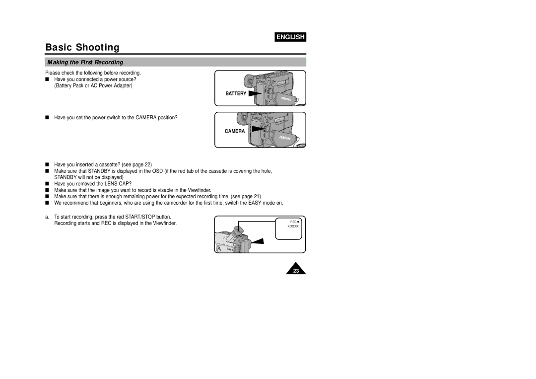 Samsung VP-W80U, W87D manual Basic Shooting, Making the First Recording, Battery 