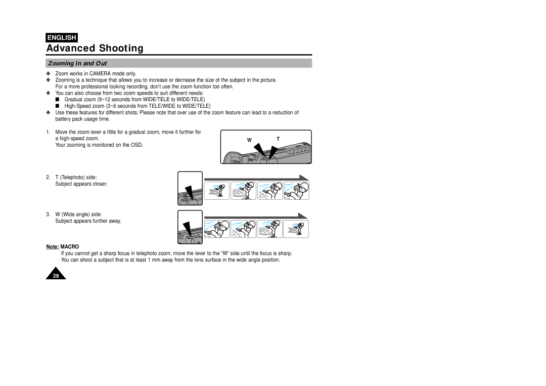 Samsung W87D, VP-W80U manual Advanced Shooting, Zooming In and Out 