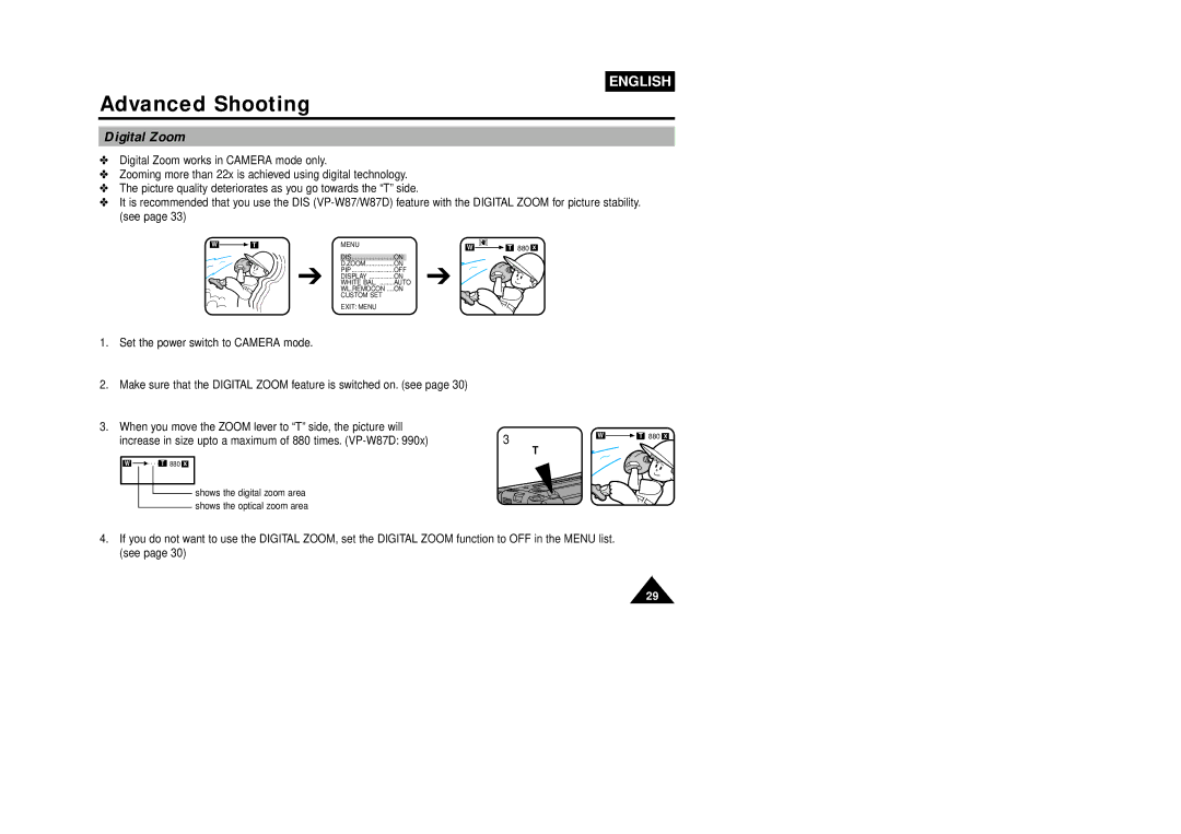 Samsung W87D, VP-W80U manual Digital Zoom 