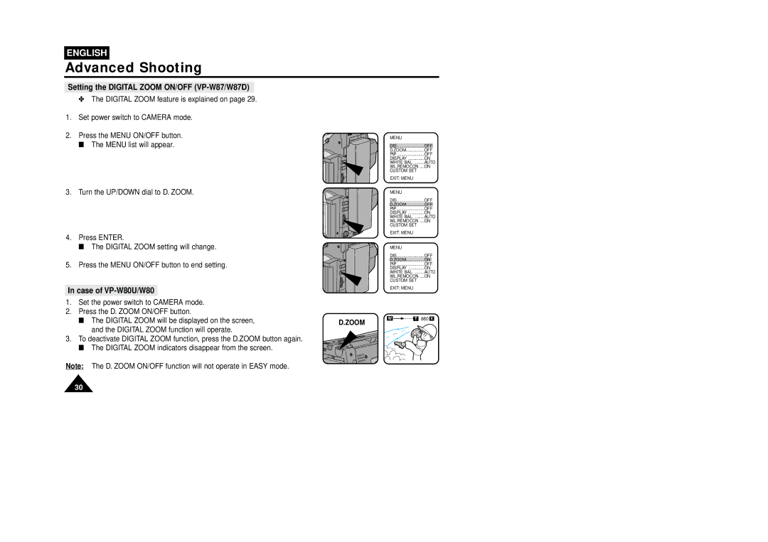 Samsung manual Setting the Digital Zoom ON/OFF VP-W87/W87D, Case of VP-W80U/W80 