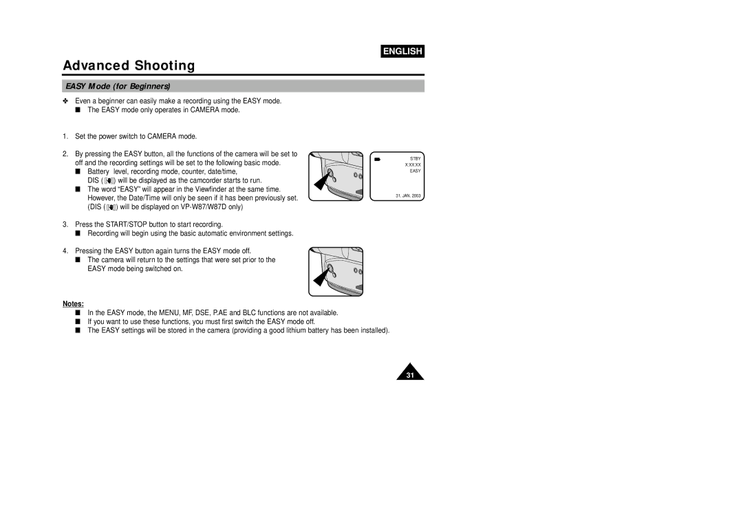 Samsung VP-W80U, W87D manual Easy Mode for Beginners 