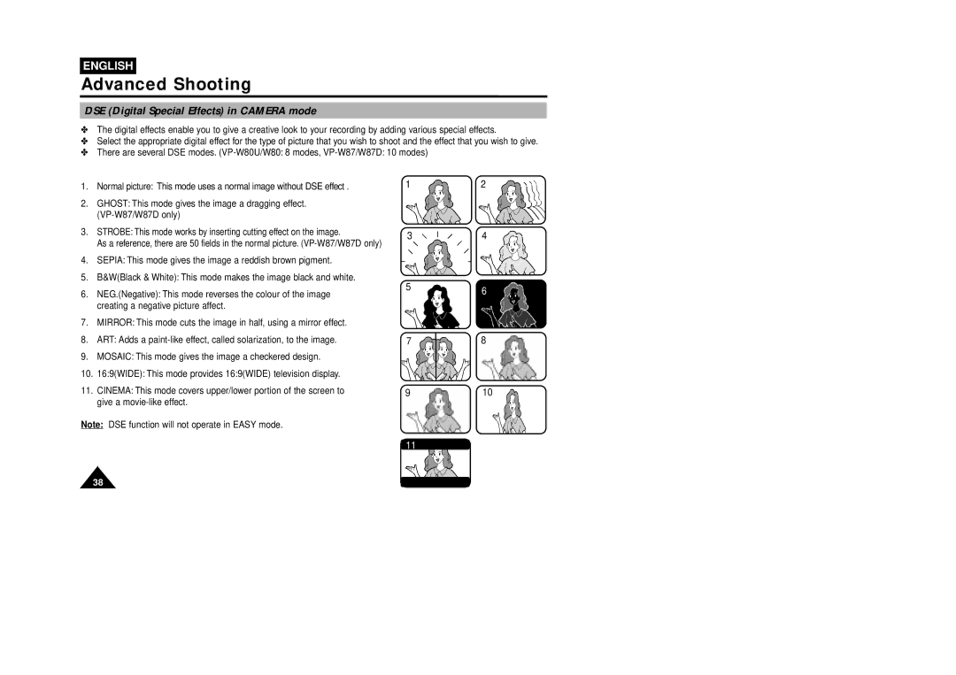 Samsung W87D, VP-W80U manual DSE Digital Special Effects in Camera mode 