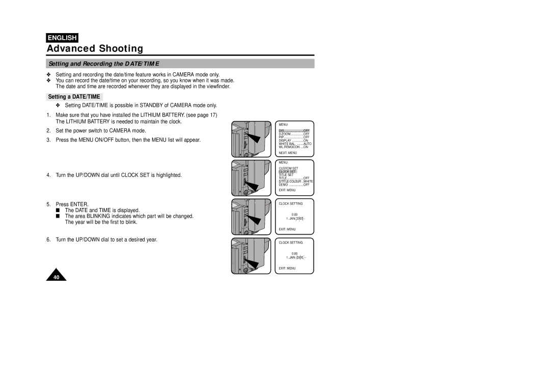 Samsung W87D, VP-W80U manual Setting and Recording the DATE/TIME, Setting a DATE/TIME 