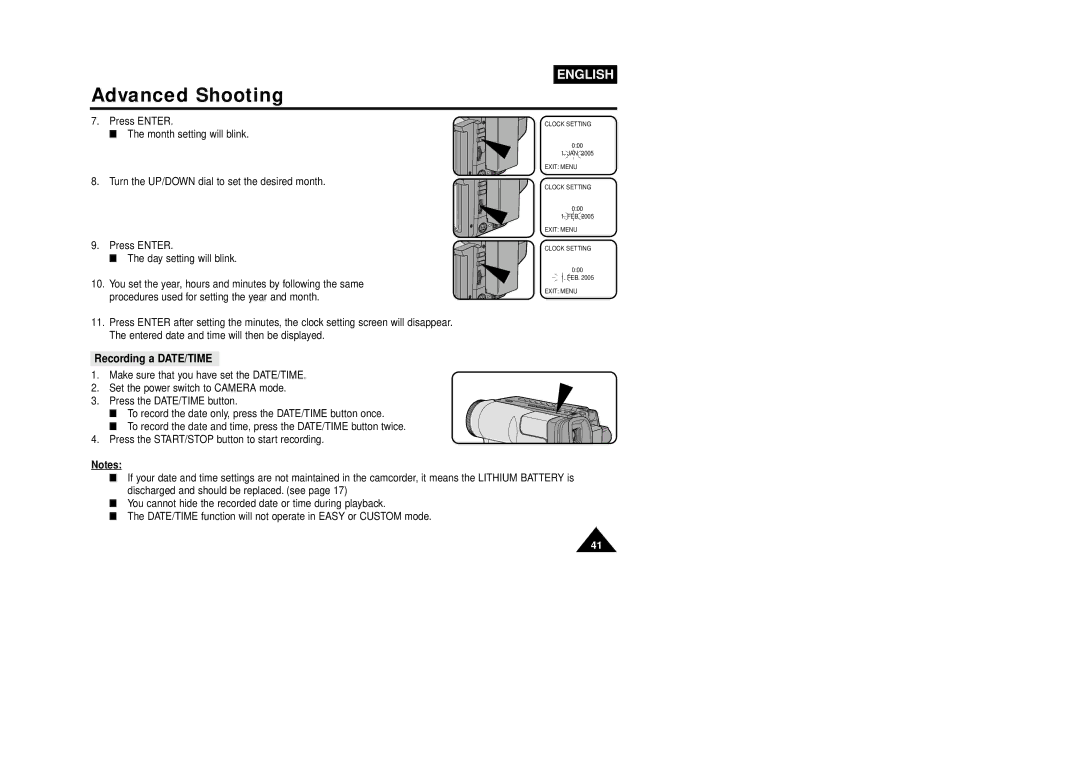 Samsung W87D, VP-W80U manual Recording a DATE/TIME 