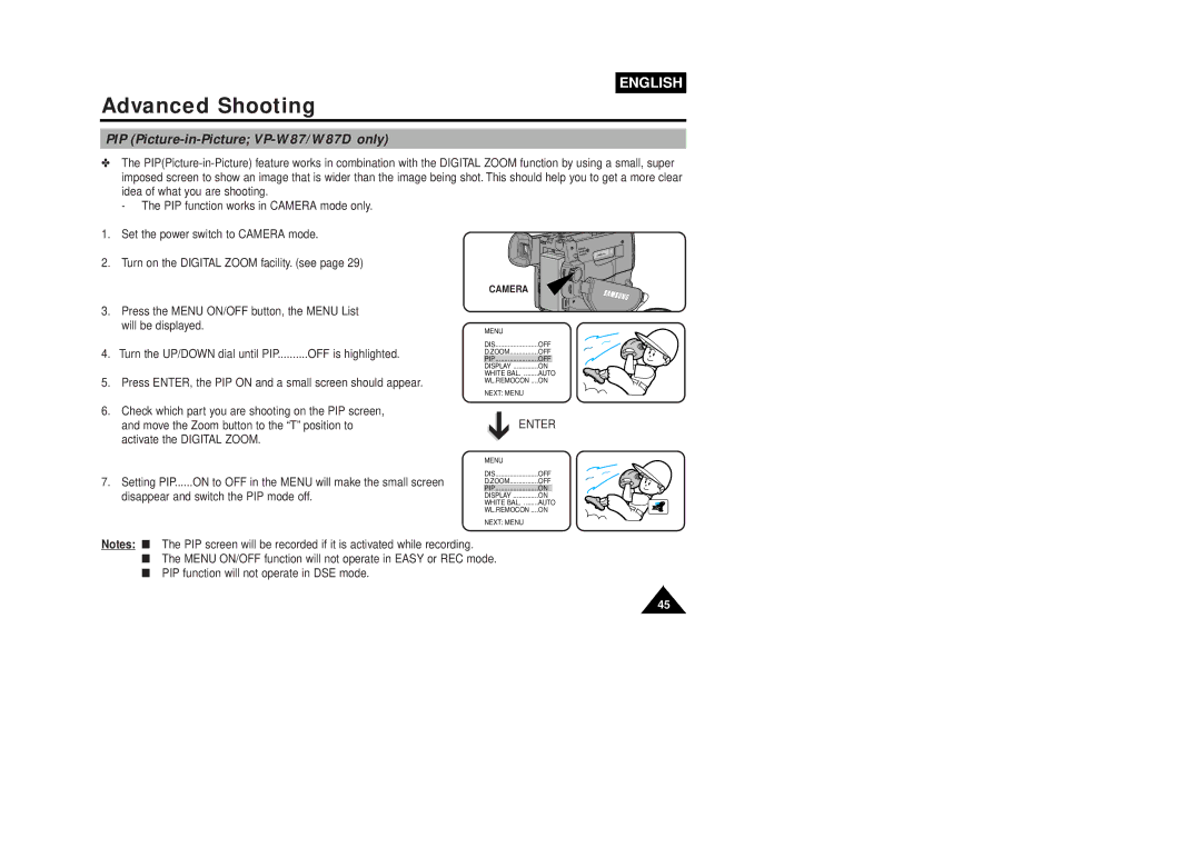 Samsung VP-W80U manual PIP Picture-in-Picture VP-W87/W87D only 