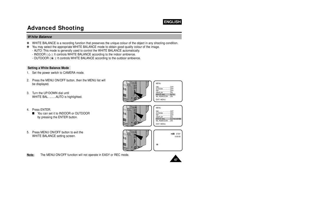 Samsung VP-W80U, W87D manual Setting a White Balance Mode 