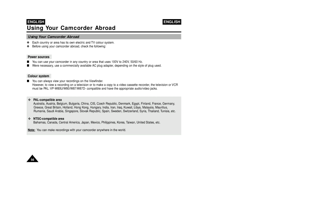 Samsung W87D, VP-W80U manual Using Your Camcorder Abroad, Power sources, Colour system 