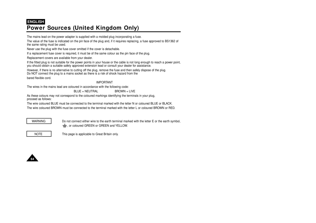 Samsung W87D, VP-W80U manual Power Sources United Kingdom Only, Blue = Neutral Brown = Live 
