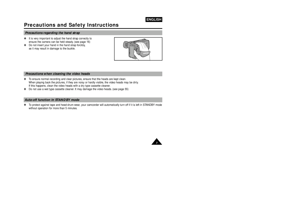 Samsung VP-W80U, W87D manual Precautions regarding the hand strap, Precautions when cleaning the video heads 