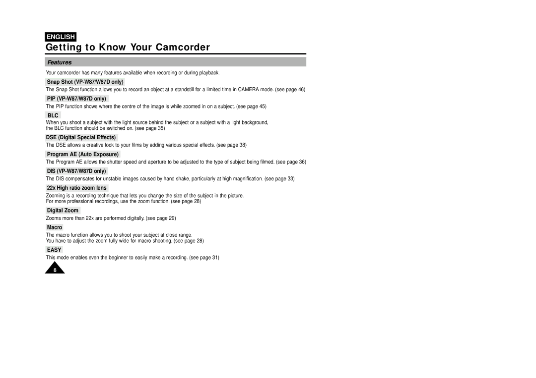 Samsung W87D, VP-W80U manual Getting to Know Your Camcorder, Features 