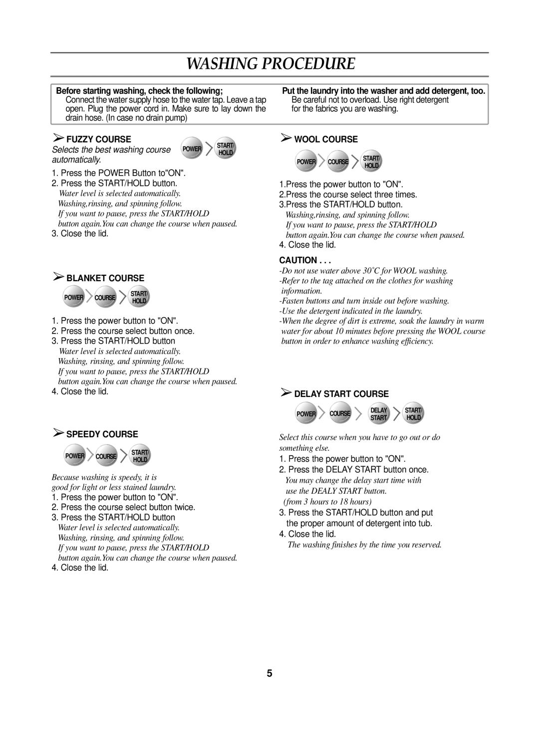 Samsung WA10B3N1EW/XSG, WA10B3Q1EW/XSG, WA10B3N1IW/XSG, WA10B7Q1IW/YOQ, WA10B3Q1IW/XSG, WA10B7S1EW/YOV manual Washing Procedure 