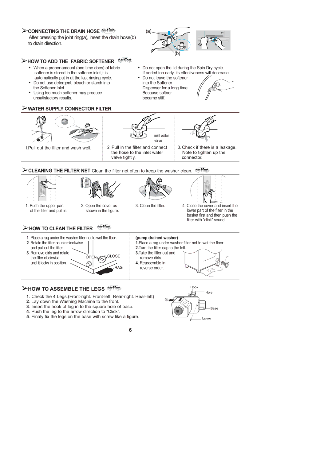 Samsung WA71NPW1/XSG, WA71N3W2/YL Connecting the Drain Hose, HOW to ADD the Fabric Softener, Water Supply Connector Filter 