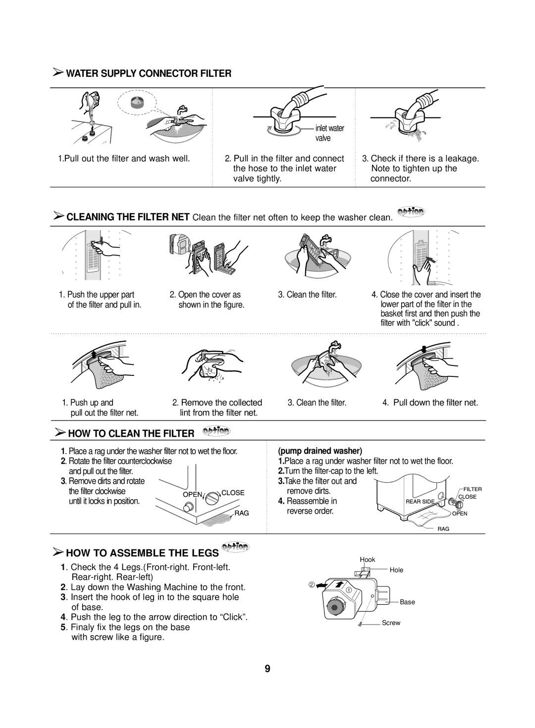Samsung WA10K2Q Water Supply Connector Filter, HOW to Clean the Filter, HOW to Assemble the Legs, Pump drained washer 