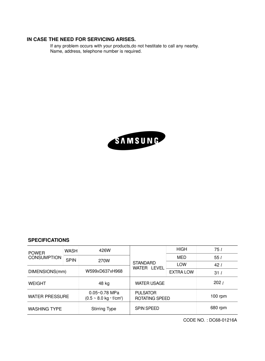 Samsung WA10K2Q user manual Case the Need for Servicing Arises, Specifications 