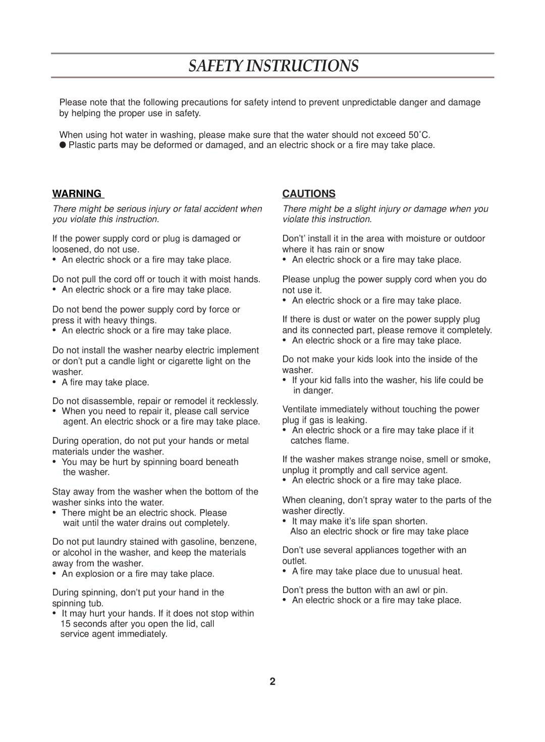 Samsung WA10K2Q user manual Safety Instructions 