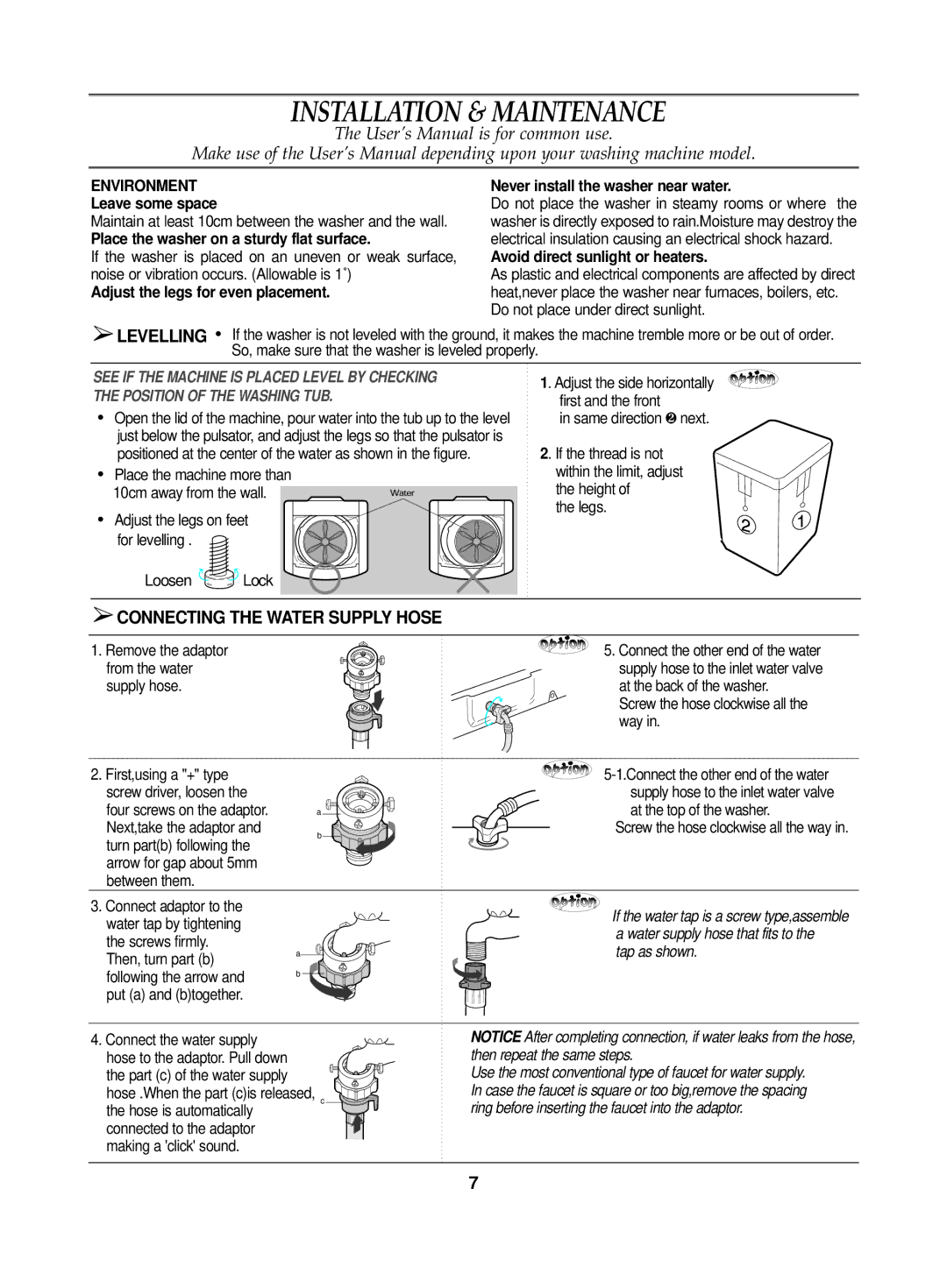 Samsung WA10K2Q user manual Installation & Maintenance, Connecting the Water Supply Hose, Environment 