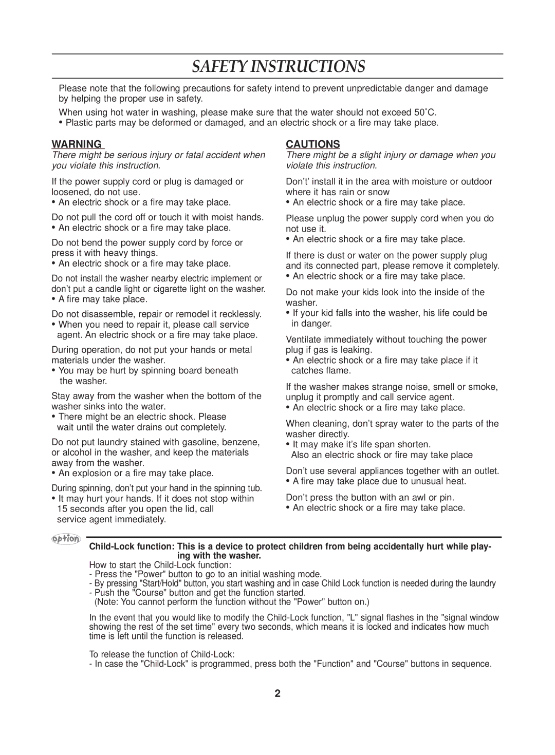 Samsung WA10K2Q1DW/YL manual Safety Instructions 