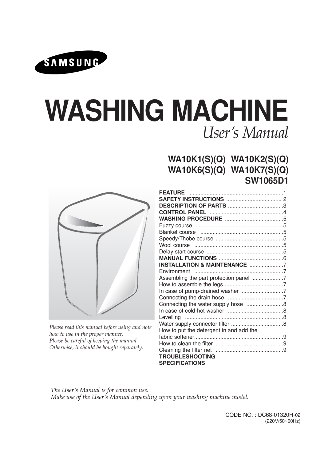 Samsung WA10K2Q1DY/YL, WA10K2Q1FW/YL, WA10K2Q1EW/YQH manual Installation & Maintenance, Troubleshooting Specifications 