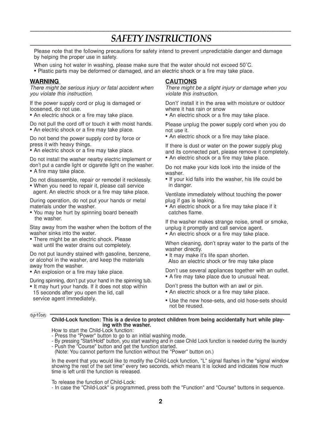 Samsung WA10K2Q1FY/YL, WA10K2Q1FW/YL, WA10K2Q1DY/YL, WA10K2Q1EW/YQH, WA10K2Q1EW/XSG, WA10K2Q1EW/YOS manual Safety Instructions 