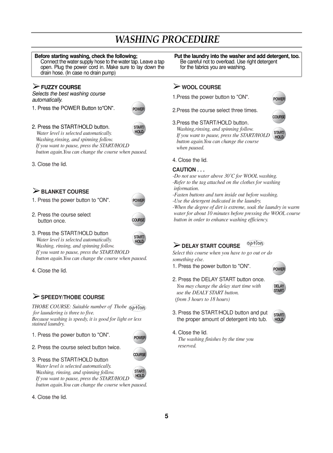 Samsung WA10K2Q1FW/YL, WA10K2Q1DY/YL, WA10K2Q1EW/YQH, WA10K2Q1FY/YL manual Washing Procedure, Wool Course, Delay Start Course 