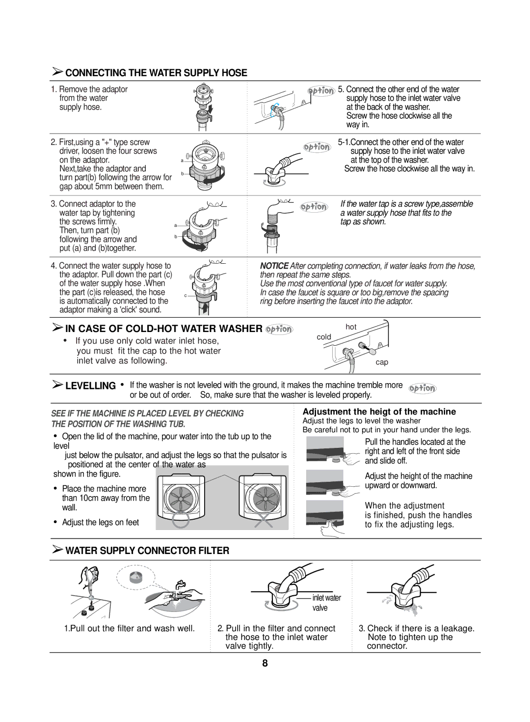 Samsung WA10K2Q1FY/YL manual Connecting the Water Supply Hose, Water Supply Connector Filter, Next,take the adaptor 