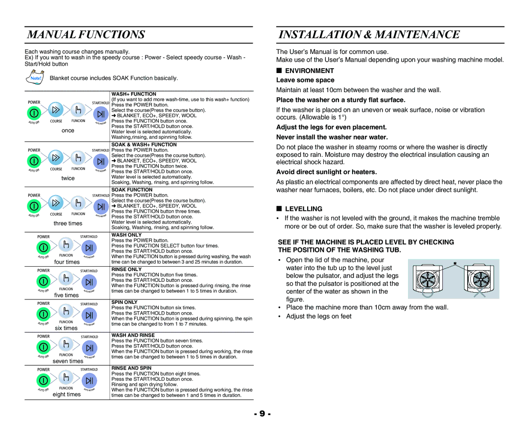 Samsung WA10R3Q3EW/XSG Manual Functions, Installation & Maintenance, Place the washer on a sturdy flat surface, Levelling 