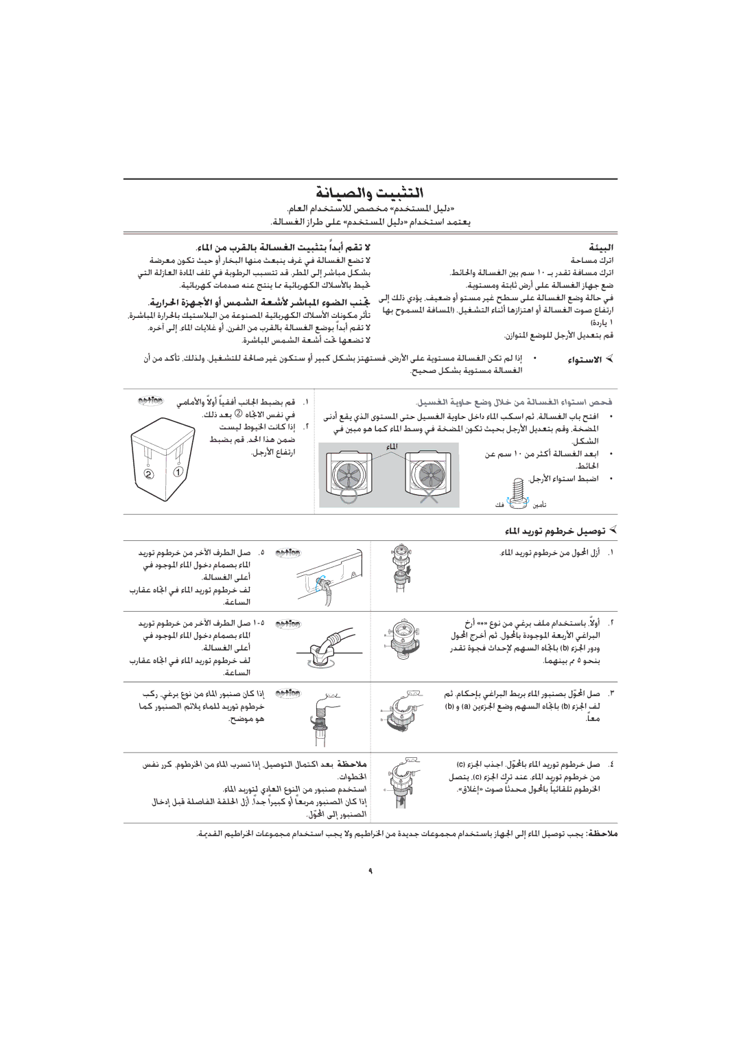 Samsung WA10RAQ3FW/YL, WA10RAQ3IW/XSG, WA10RAN3IW/XSG, WA10RAQ3EW/XSG, WA10RAQ3DW/YL, WA10RAS3ES/XSH manual ﺔﻧﺎﻴﺼﻟاو ﺖﻴﺒﺜﺘﻟا 