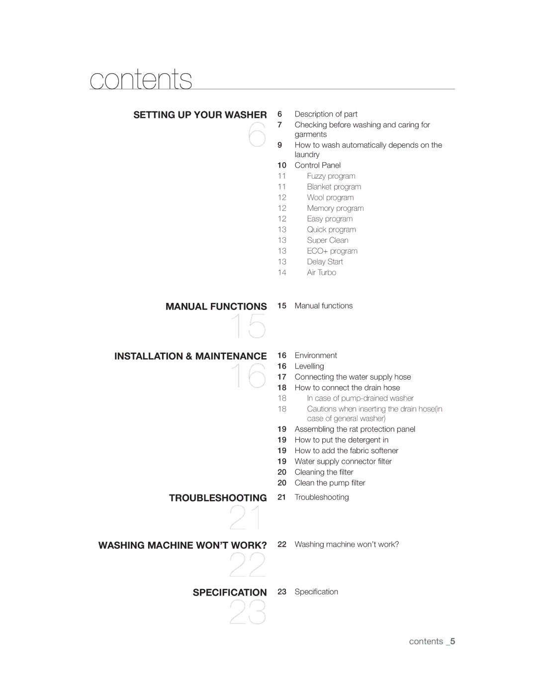 Samsung WA10V9UFP/YL manual Frqwhqwv, $LU7XUER,  0DQXDOIXQFWLRQV,  6SHFLƂFDWLRQ 