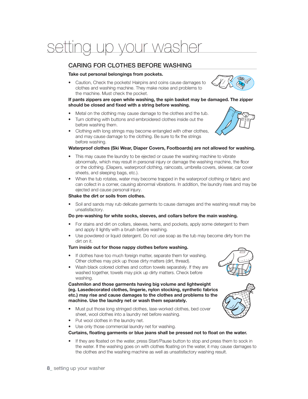 Samsung WA10V9UFP/YL manual TfuujohVqZpvsXbtifs, 7DNHRXWSHUVRQDOEHORQJLQJVIURPSRFNHWV 