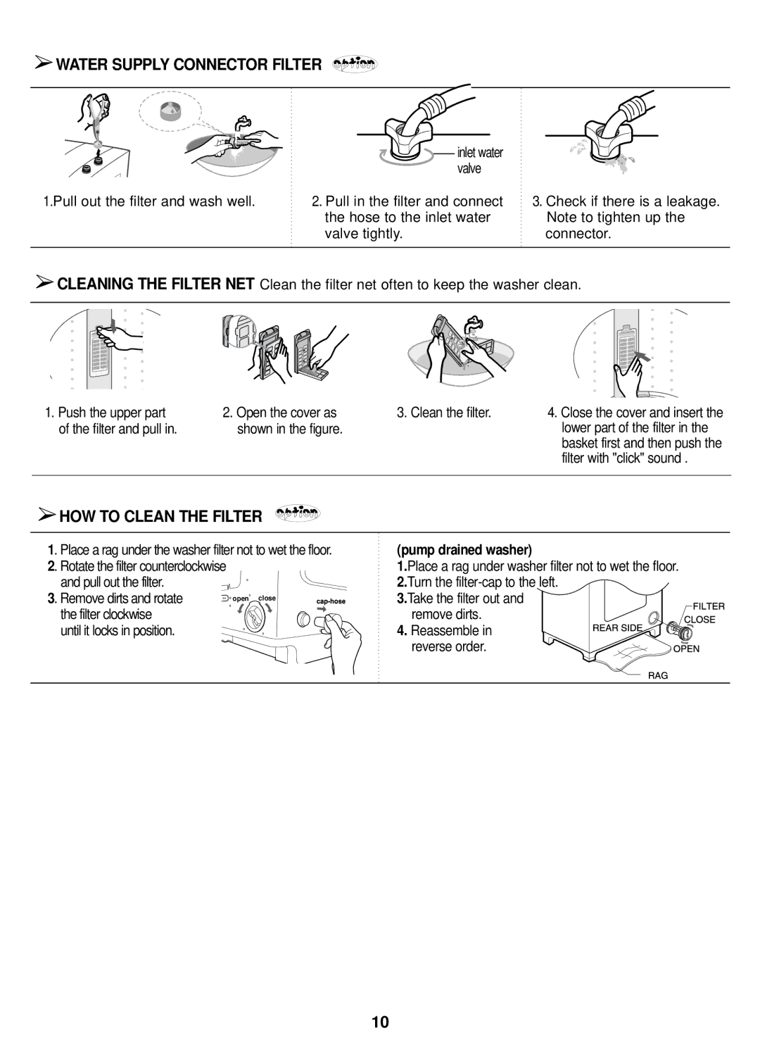 Samsung WA11RAS3EG/XSV manual Water Supply Connector Filter, HOW to Clean the Filter, Pump drained washer 