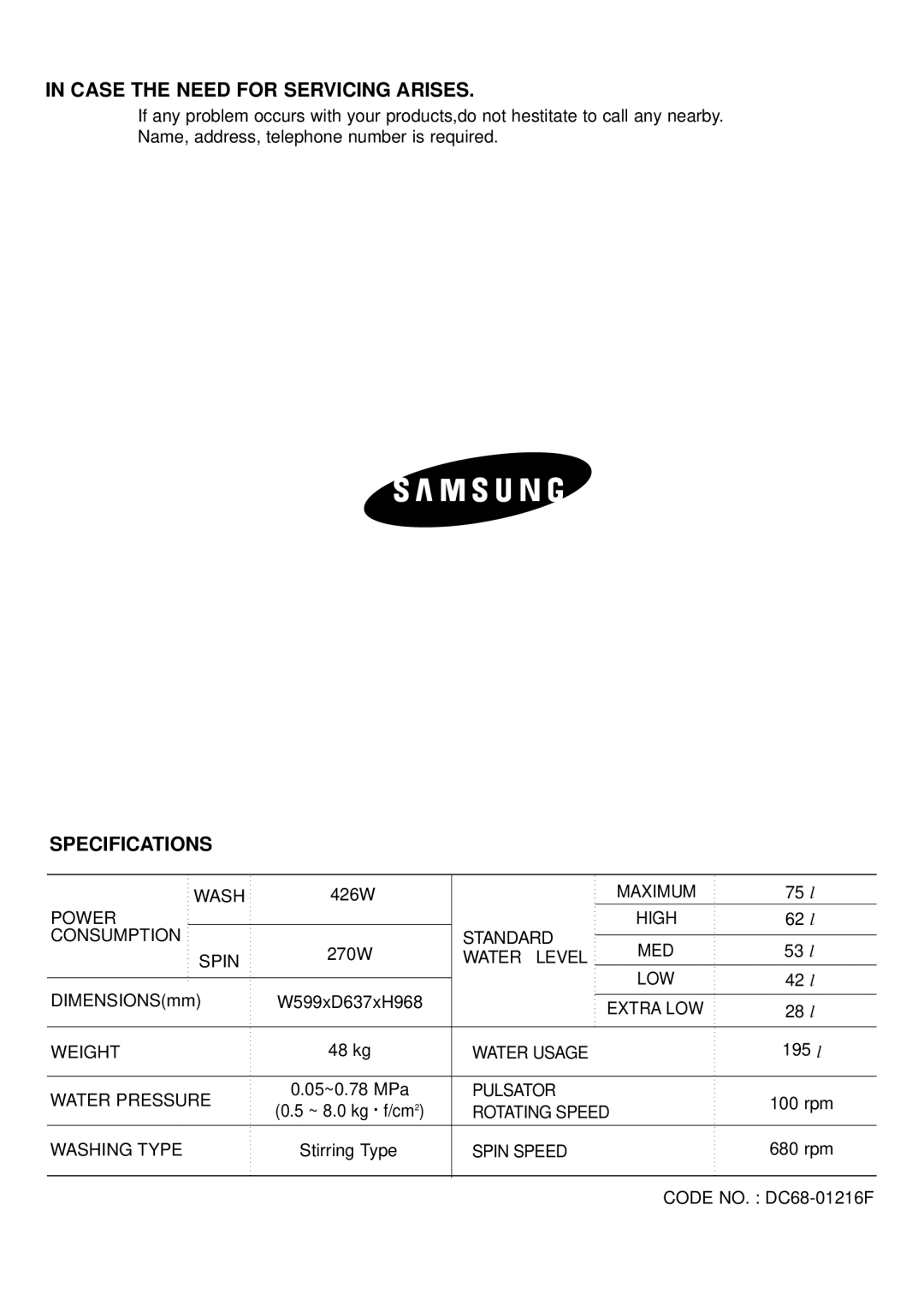 Samsung WA11RAS3EG/XSV manual Case the Need for Servicing Arises, Specifications 