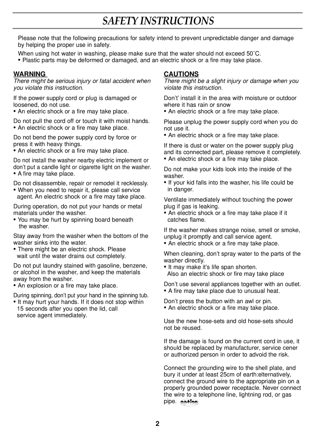 Samsung WA11RAS3EG/XSV manual Safety Instructions 