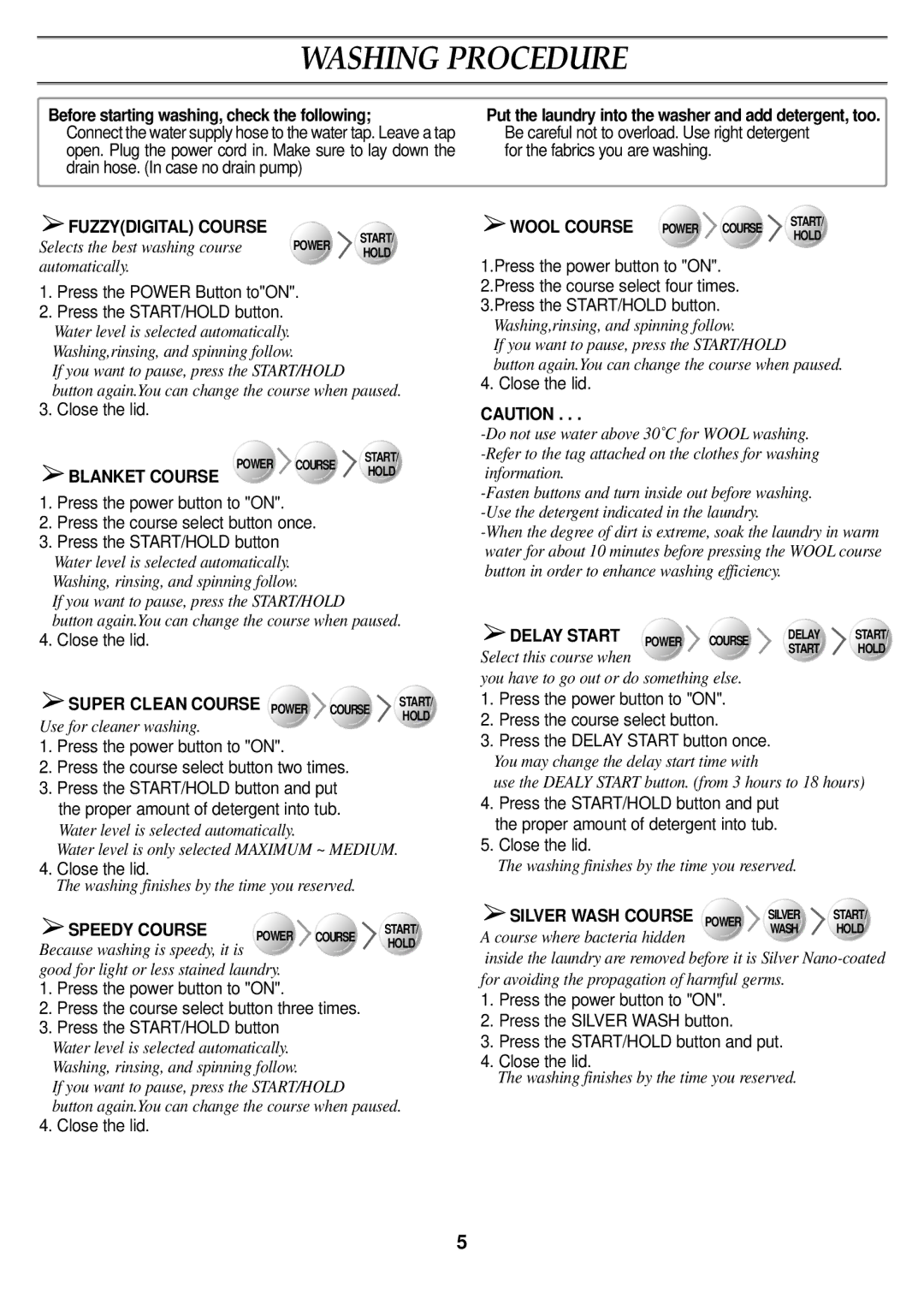 Samsung WA11RAS3EG/XSV manual Washing Procedure 