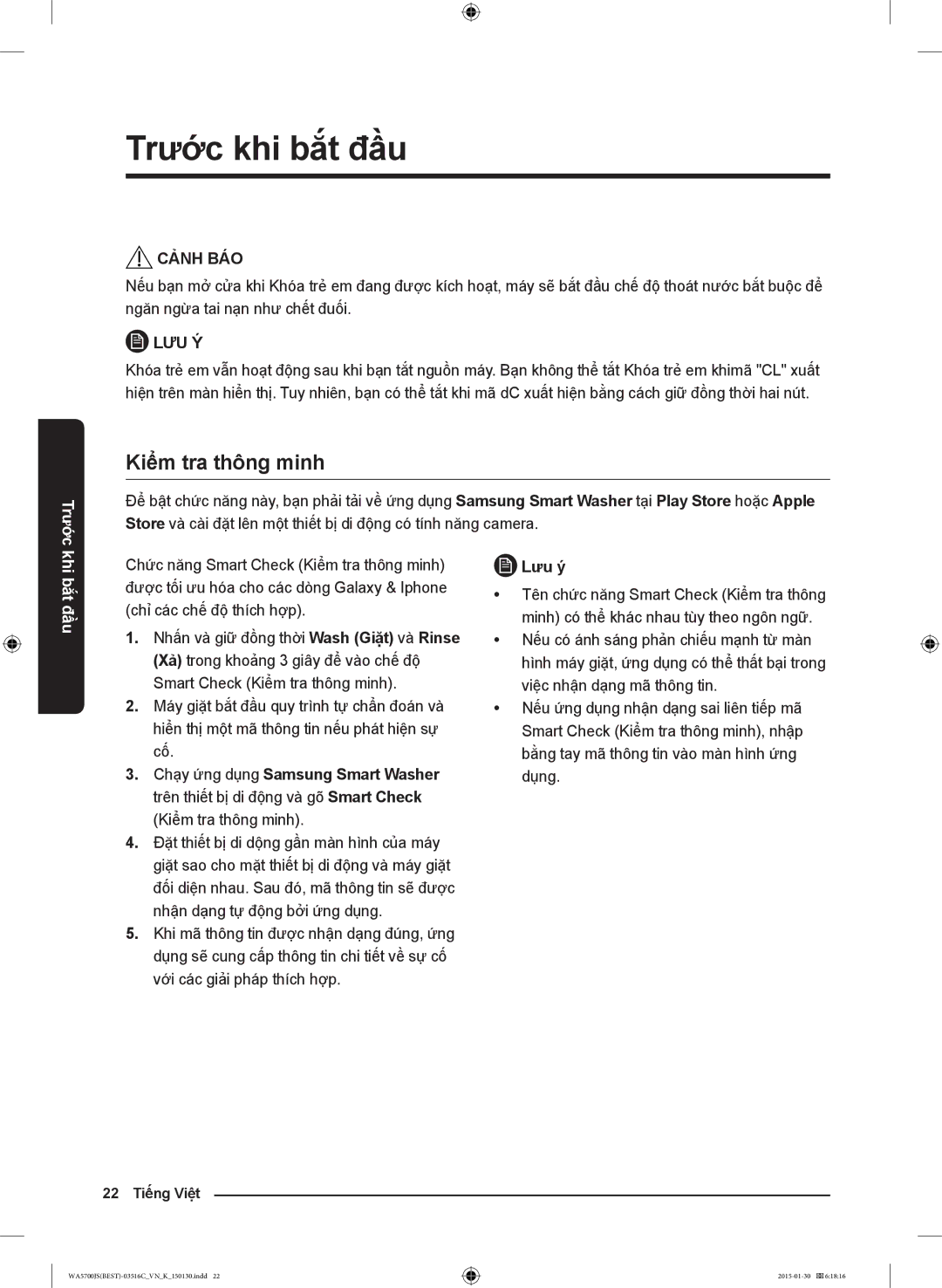 Samsung WA12J5750SP/SV manual Kiểm tra thông minh, Lưu ý 