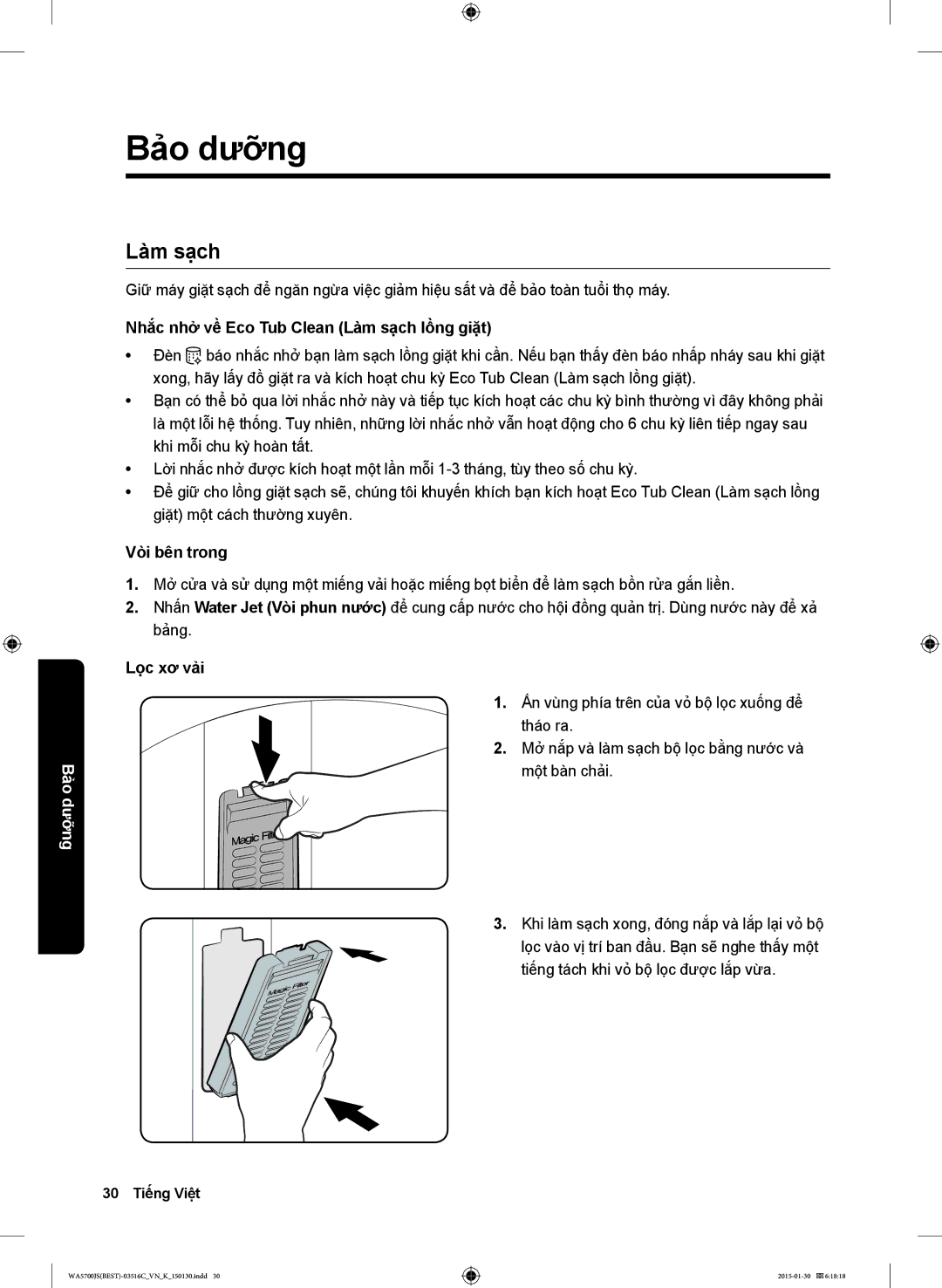 Samsung WA12J5750SP/SV manual Bảo dưỡng, Nhắc nhở về Eco Tub Clean Làm sạch lồng giặt, Vòi bên trong, Lọc xơ vải 