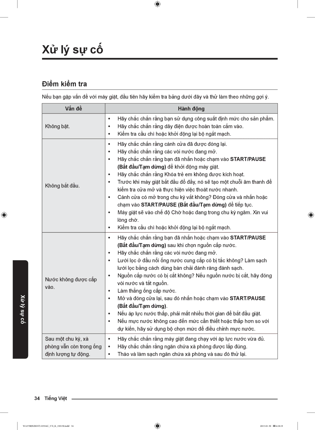 Samsung WA12J5750SP/SV Xử lý sự cố, Điểm kiểm tra, Vấn đề Hành động, Chạm vào START/PAUSE Bắt đầu/Tạm dừng để tiếp tục 