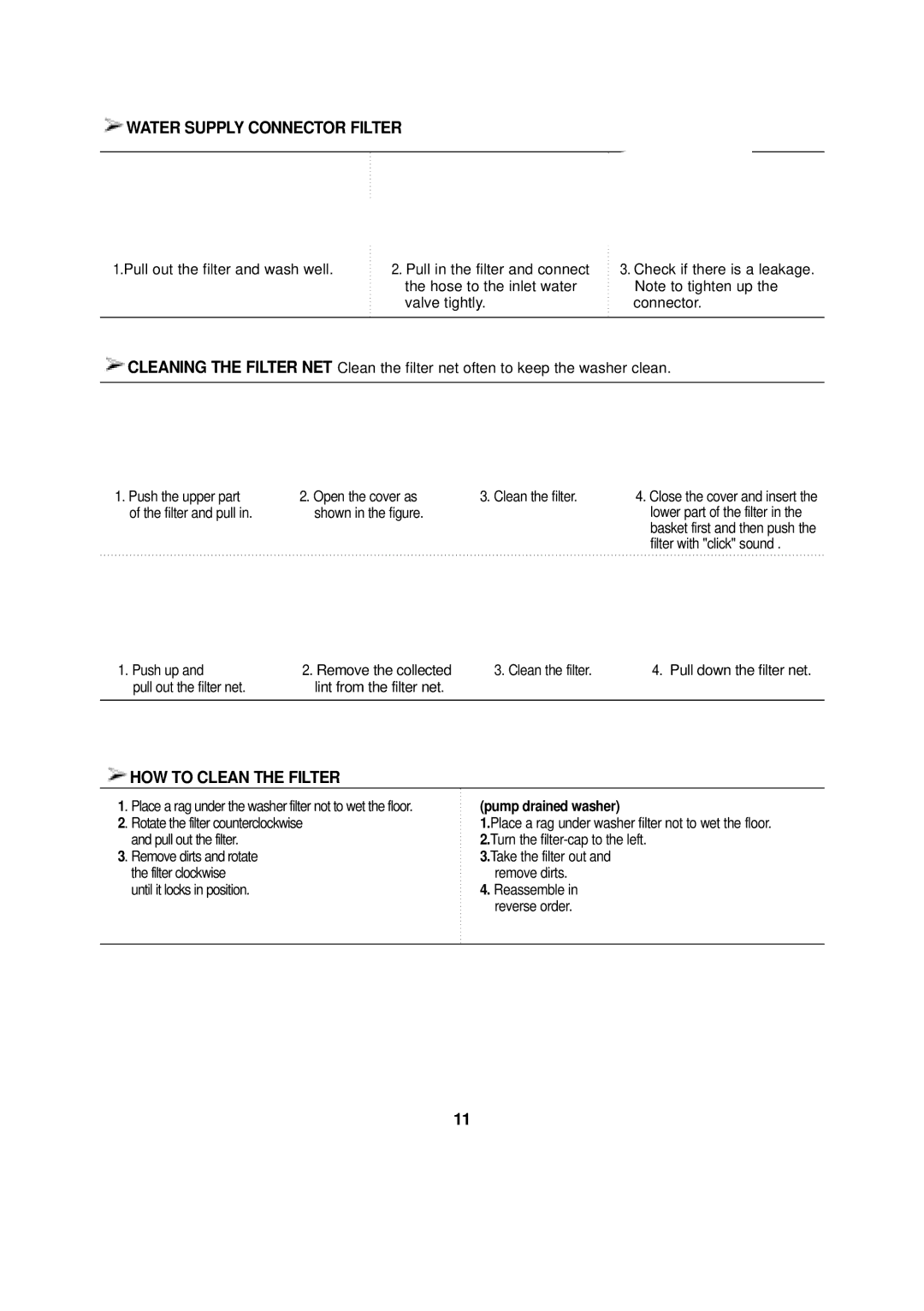 Samsung WA12KSEY/XSV manual Water Supply Connector Filter, HOW to Clean the Filter, Pump drained washer 