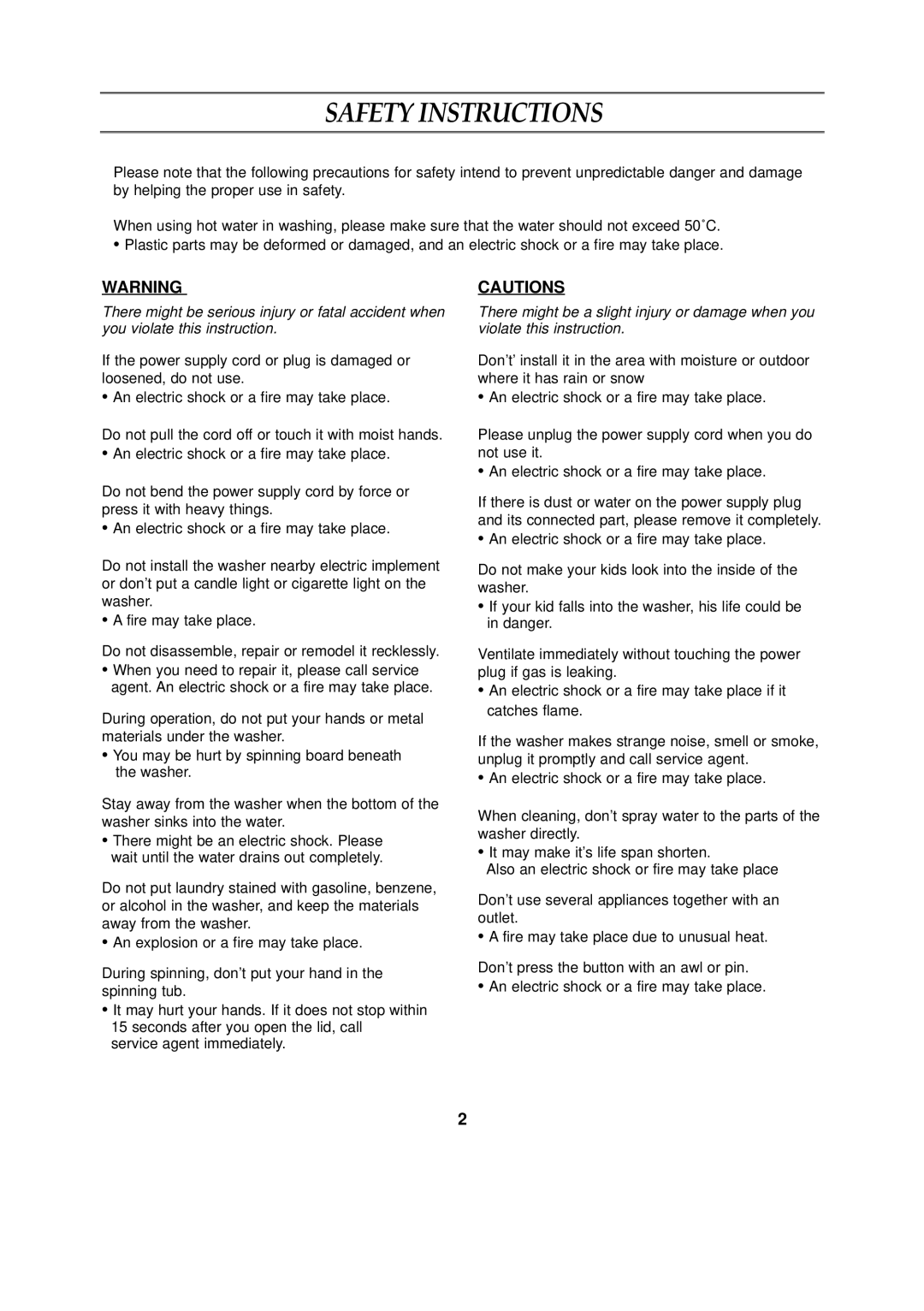 Samsung WA12KSEY/XSV manual Safety Instructions 