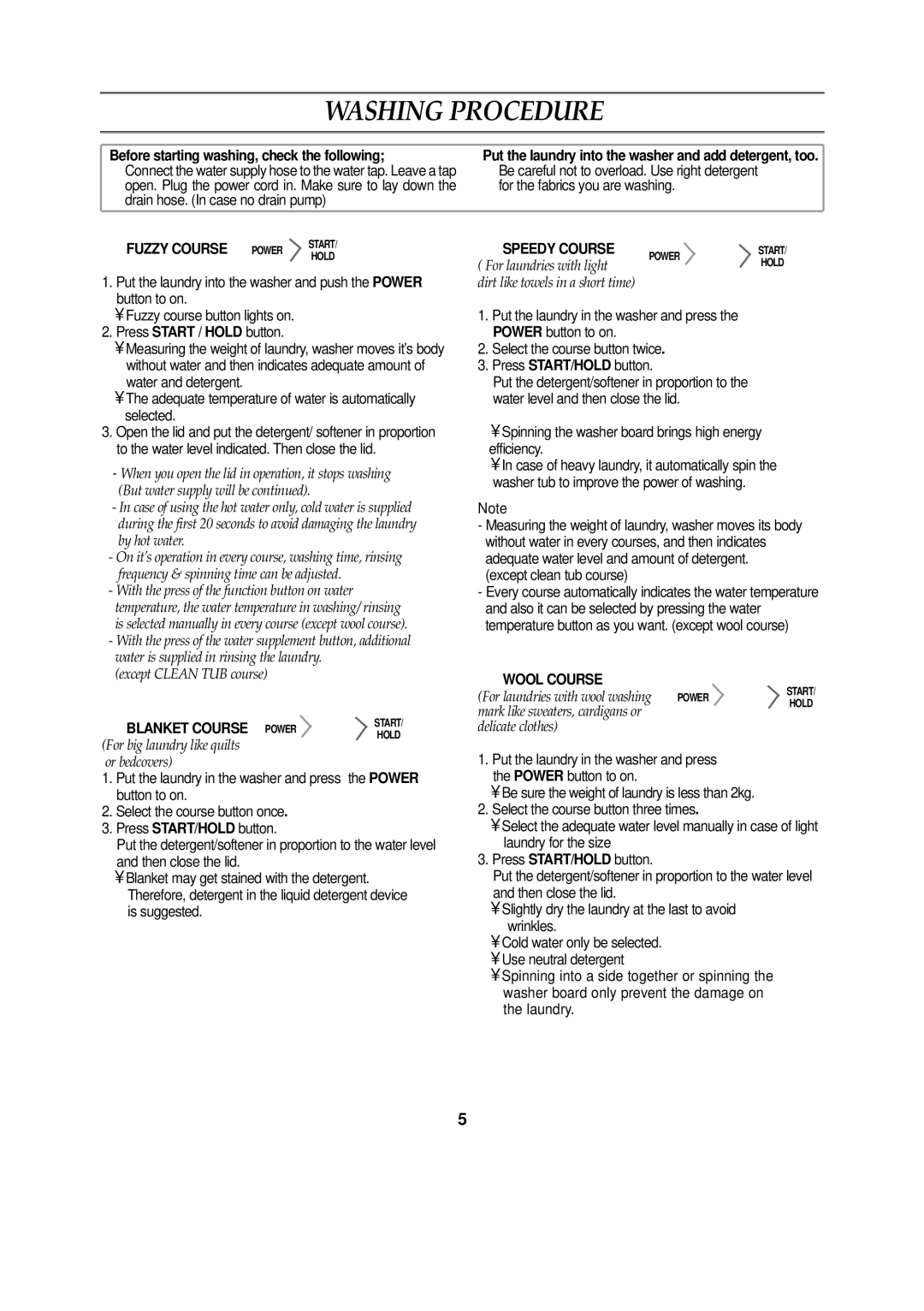 Samsung WA12KSEY/XSV manual Washing Procedure, Fuzzy Course Power, Blanket Course, Speedy Course, Wool Course 