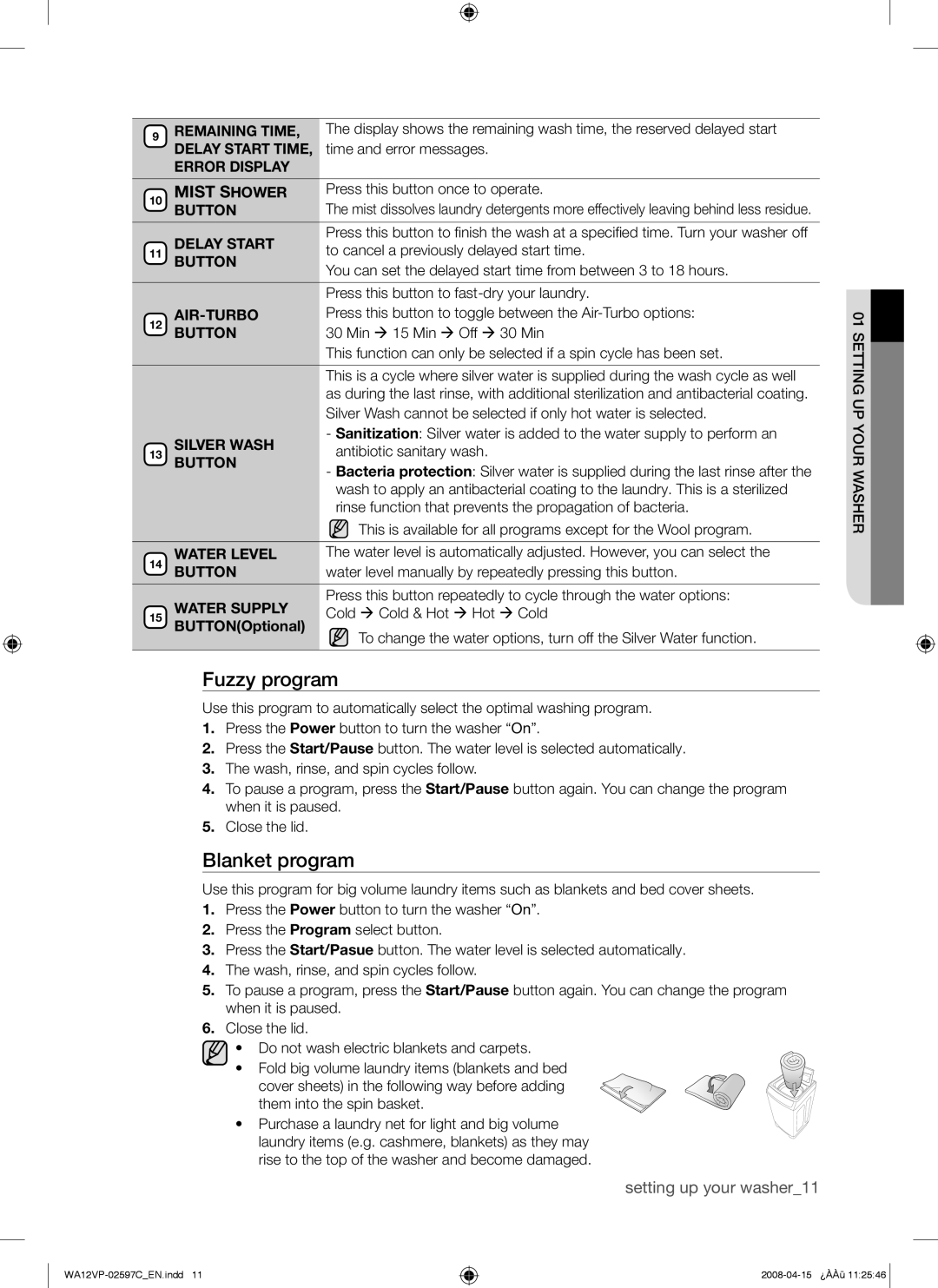 Samsung WA12V5JEC/XSV manual Fuzzy program, Blanket program 