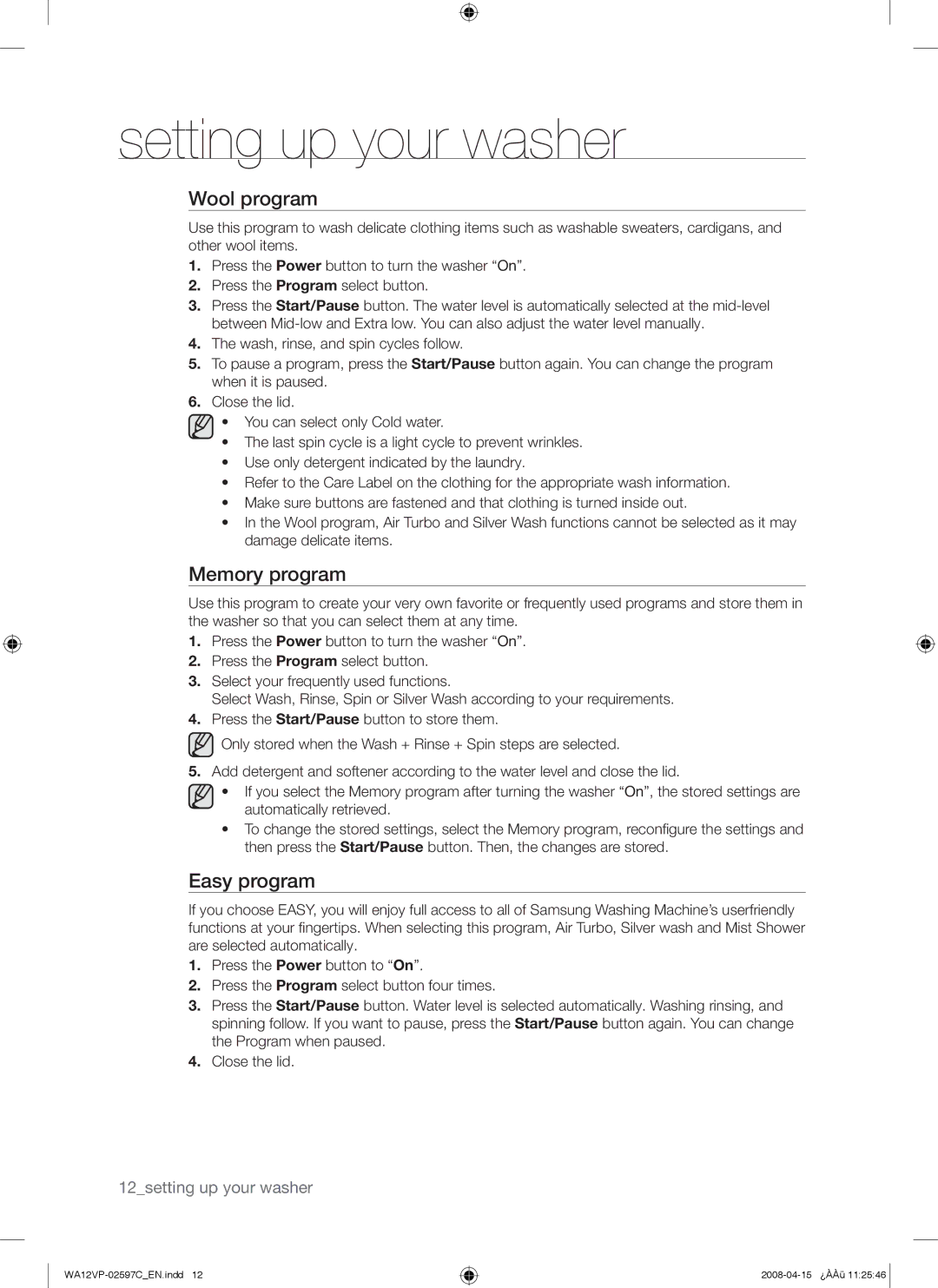 Samsung WA12V5JEC/XSV manual Wool program, Memory program, Easy program 