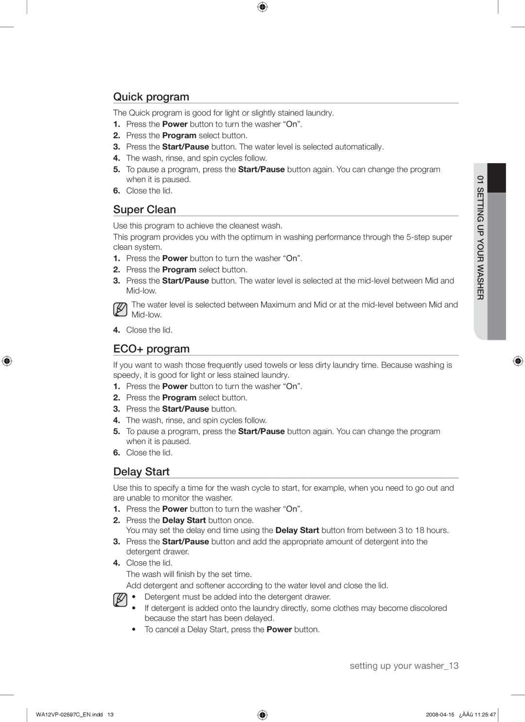 Samsung WA12V5JEC/XSV manual Quick program, Super Clean, ECO+ program, Delay Start 