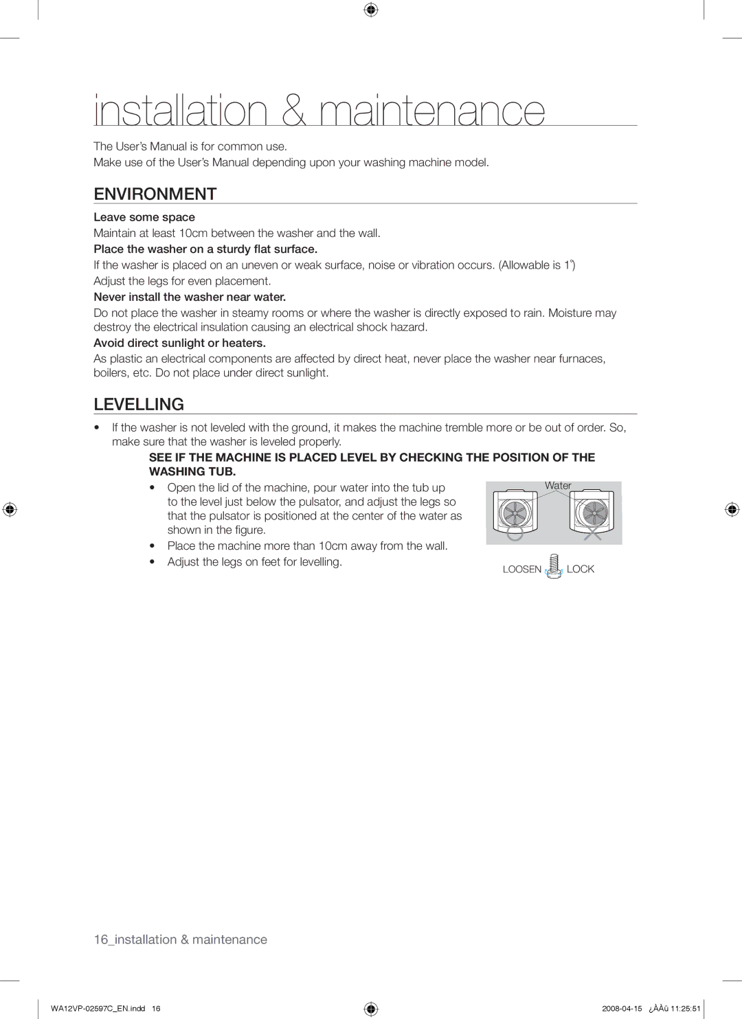 Samsung WA12V5JEC/XSV manual Installation & maintenance, Environment, Levelling 